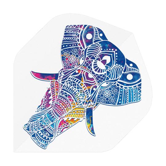 P74_Pentathlon_Metro_Elephant_Standard_Flights_1 Das Bild zeigt ein Dartflight mit einem bunten, kunstvoll verzierten Elefantenkopf als Motiv. Der Hintergrund ist weiß und das Produkt heißt "Pentathlon Metro Elephant Standard Flights".