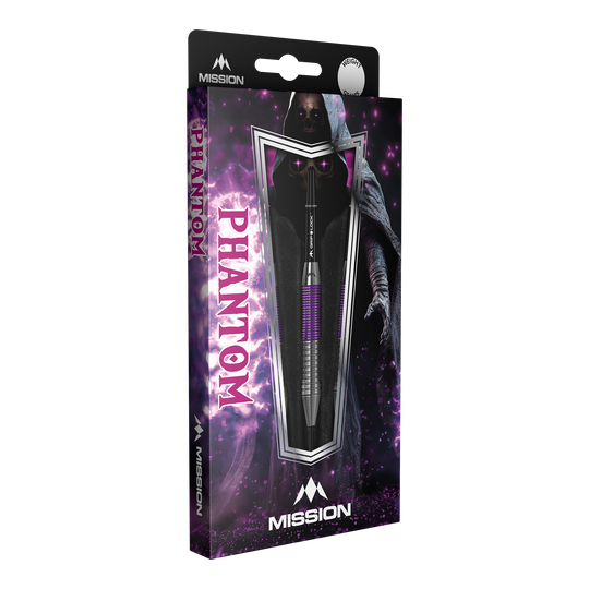 Šipky Mission Phantom Brass Steel - 22g Die Abbildung zeigt die Verpackung der "Mission Phantom Brass Steeldarts - 22g". Die Verpackung ist überwiegend lila und schwarz gestaltet und zeigt einen Dartpfeil sowie eine geheimnisvolle, schattenhafte Figur im Hintergrund.