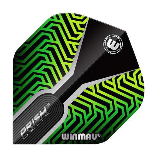 Letky Winmau Prism Delta Kairos No2 Standardní zelené Das Bild zeigt ein Dartflight mit dem Namen "Winmau Prism Delta Kairos No2 Standard Flights Grün". Das Flight hat ein auffälliges grünes und schwarzes geometrisches Muster mit dem Winmau-Logo.