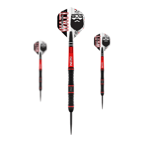 Ocelové šipky Red Dragon Jason Watt - 22g Das Bild zeigt drei Steeldarts des Modells "Red Dragon Jason Watt" mit einem Gewicht von 22g. Die Darts sind schwarz-rot und haben Flights mit einem Bartmotiv und der Aufschrift "WATT".