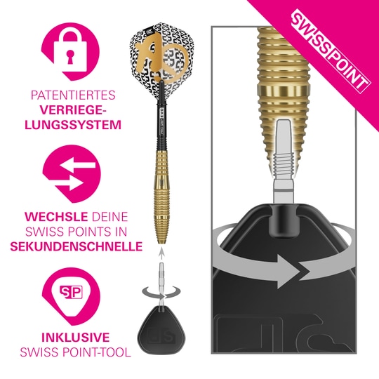 Abgebildet sind Target Bolide Envy 05 Swiss Point Steeldarts. Die Darts sind ordentlich angeordnet und zeigen feine Details im Schaft.