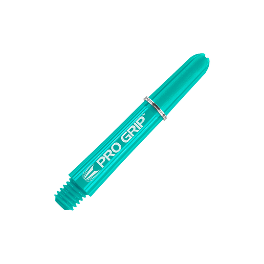 Target Pro Grip Shafts - 3 set - Aqua Das Bild zeigt einen aqua-blauen Pro Grip Dart-Schaft mit silbernem Ring. Auf dem Schaft steht der Schriftzug „PRO GRIP“.