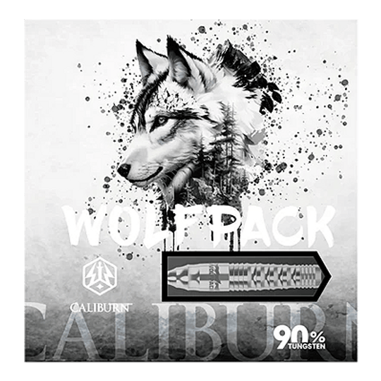 Das Bild zeigt die Verpackung der Caliburn Wolfpack W3 Steeldarts mit einem Wolf als Motiv. Die Darts bestehen zu 90 % aus Tungsten und wiegen 21 Gramm.