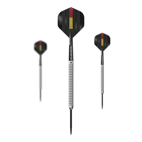 Mission Mike De Decker MDD Silver Steeldarts Das Bild zeigt drei silberne Steeldarts des Modells "Mission Mike De Decker MDD Silver". Die Flights sind schwarz mit roten und gelben Streifen gestaltet.