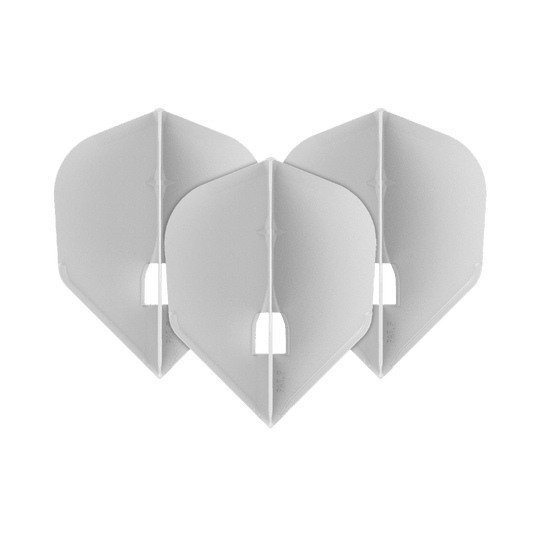 L-Style Champagne L3PRO Shape Flights Auf dem Bild sind drei weiße Dart-Flights in einer V-Form angeordnet. Die Flights haben jeweils eine leicht durchsichtige Optik und eine standardisierte Pfeilform.