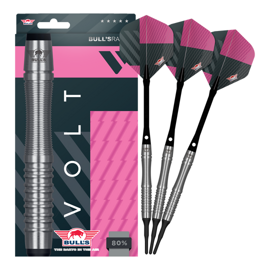 Šipky Bulls NL Volt Pink Soft - 19g Abgebildet wird das komplette Set Bulls NL Volt Pink Softdarts - 19g. Die Darts sind stylisch designt.