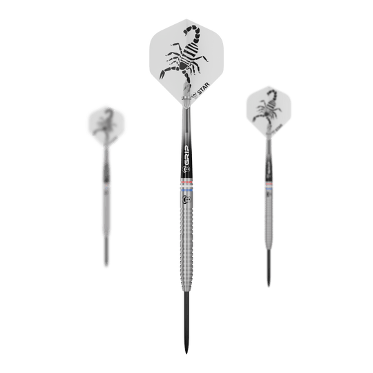Dieses Bild zeigt ein Set der Bulls Challenger Kendji Steinbach Steeldarts - 23g. Die Darts sind für Präzision und ein komfortables Spielerlebnis gestaltet.