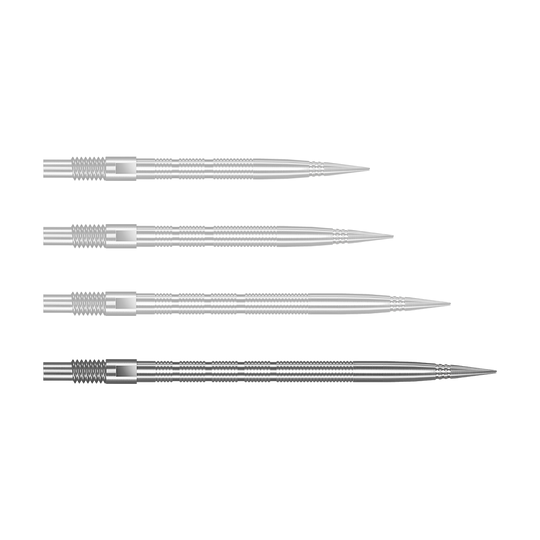 Harrows Quick Point Micro Ridge Dartspitzen - Silber Abgebildet ist QP28023 Harrows Quick Point MicroRidge Dartspitzen Silber 40mm. Das Produkt sind silberne Dartspitzen für den Austausch.