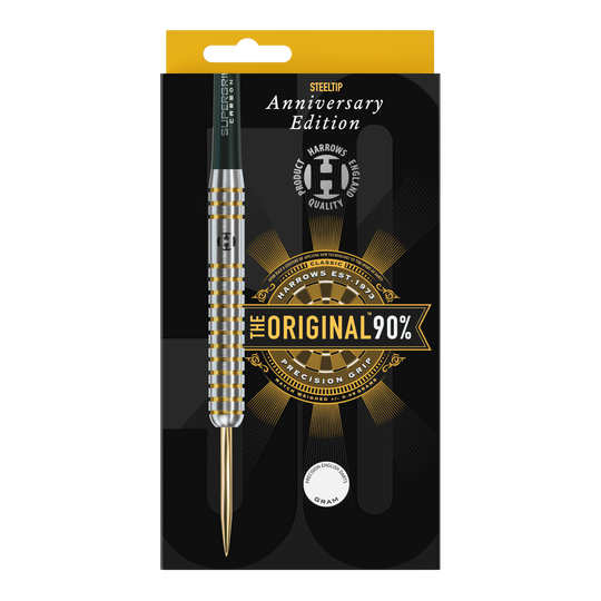 Harrows Anniversary Edition Původní Steeldarts Auf dem Bild ist eine Packung mit einem Steeldart der Marke Harrows zu sehen. Die Verpackung zeigt die Aufschrift „Anniversary Edition“ und „The Original 90%“.