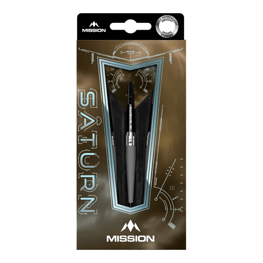 Ocelové šipky Mission Saturn Titan Das Bild zeigt die Mission Saturn Titan Steeldarts in ihrer Verpackung. Die Verpackung ist modern gestaltet und hebt den Dart in der Mitte hervor.