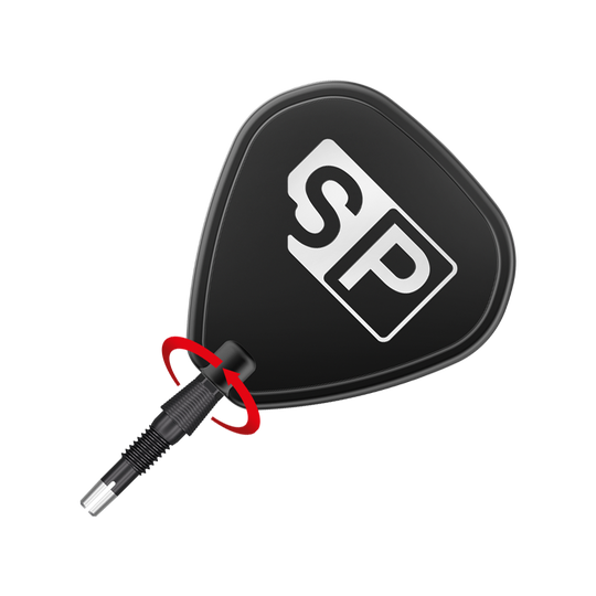 340083_Target_Swiss_Storm_Nano_Point_Dartspitzen_Schwarz_3_SP Das Bild zeigt eine schwarze Dartspitze mit dem Aufdruck "SP". Ein roter Pfeil deutet auf eine Drehbewegung am unteren Teil der Spitze hin.