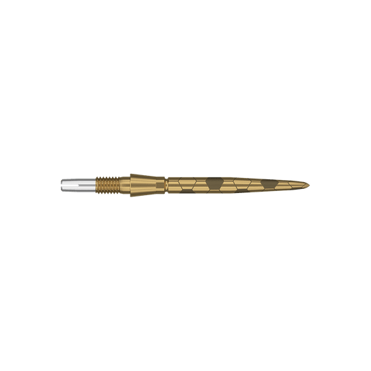 Groty do lotek Target Swiss Storm Onyx Point – złote Das Bild zeigt eine goldfarbene Dartspitze mit feinen eingravierten Mustern. Sie hat eine schlanke, spitz zulaufende Form und ist 26 mm lang.
