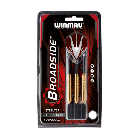 1225-22_Winmau_Broadside_Brass_Steeldarts_3 Das Bild zeigt eine Packung Winmau Broadside Brass Steeldarts mit einem Gewicht von 22g. In der Verpackung sind drei Darts mit messingfarbenen Schäften zu sehen.