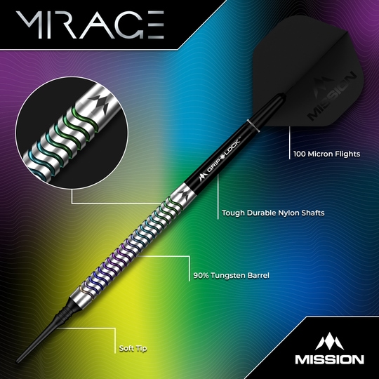 Hier sieht man die Mission Mirage Softdarts - 20g. Die Darts werden aus einer seitlichen Perspektive präsentiert.