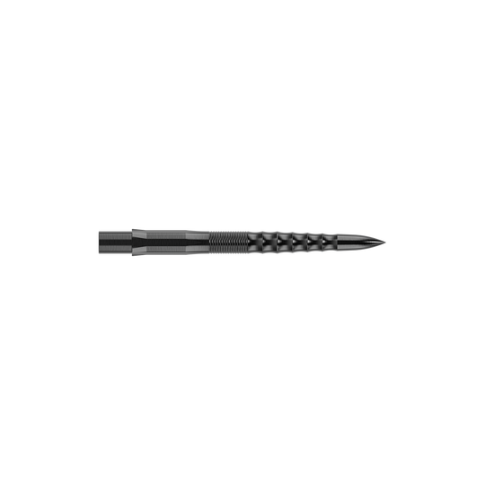 Puntas de dardos Mission Caliburn EVO - Ondulación - Negro Das Bild zeigt eine schwarze Steeldartspitze mit einer gerippten Oberflächenstruktur. Die Spitze ist gerade und hat eine Länge von 26 mm.