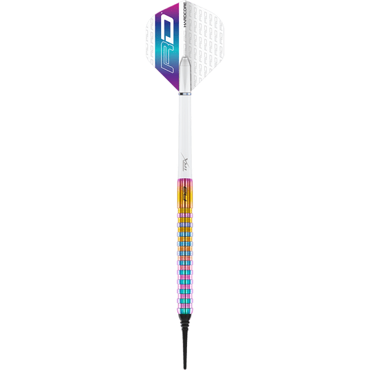 RD2517_Red_Dragon_Javelin_Spectron_Softdarts_1JljhnszoxLKtw Das Bild zeigt einen Red Dragon Javelin Spectron Softdart mit einem Gewicht von 20g. Der Dart hat eine bunte, gestreifte Griffzone und ein Flight mit dem RD-Logo.