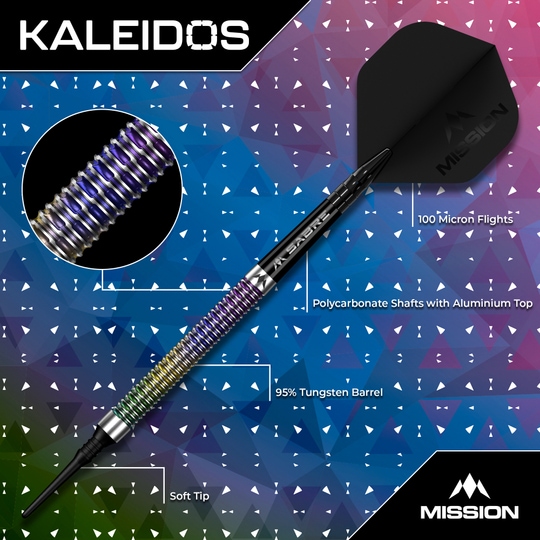 Měkké šipky Mission Kaleidos - 19g Das Foto zeigt Mission Kaleidos Softdarts - 19g. Es handelt sich um hochwertige Darts für Hobby- und Profispieler.