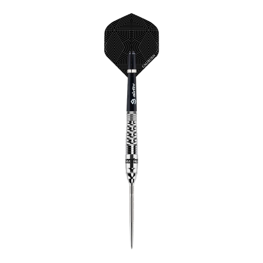 Caliburn Wolfpack W3 Steeldarts - 21g Auf dem Bild ist der Caliburn Wolfpack W3 Steeldart mit einem Gewicht von 21g zu sehen. Der Dartpfeil hat ein silbernes, strukturiertes Barrel und eine schwarz gemusterte Flight.