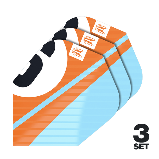 Ailettes Target Pro Ultra Chicane Orange Ten-X - 3 jeux Das Bild zeigt drei Sätze Target Pro Ultra Chicane Orange Ten-X Flights. Die Flights sind orange und hellblau mit einem auffälligen Design.