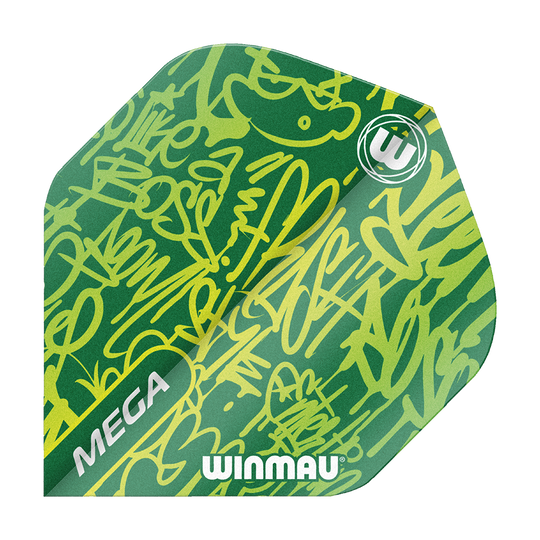 6900-241_Winmau_Mega_Green_Standard_Flights_1 Winmau Mega Green Standard Flights werden gezeigt. Die Flights sind großflächig und kontrastreich.