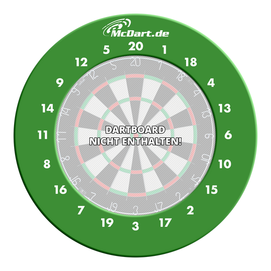 Das Bild zeigt einen grünen Dart-Surround-Ring mit weißen Zahlen und dem Logo "McDart.de" oben. In der Mitte steht der Hinweis "DARTBOARD NICHT ENTHALTEN!"