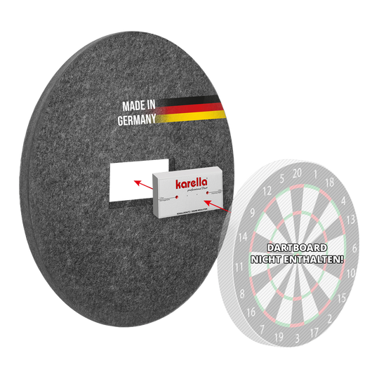 Karella izolacja akustyczna do tarcz do darta ze stali z wbudowanym pierścieniem otaczającym Dieses Bild zeigt den Schallschutz Karella für Steeldartboards mit integriertem Surround Auffangring. Das Produkt dient zur Geräuschdämmung beim Dartspielen.