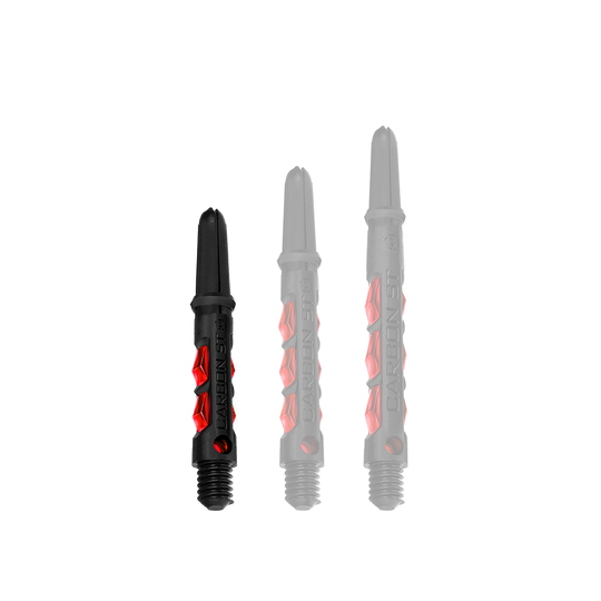 HR431_Harrows_Carbon_ST_Shafts_Rot_33mm_1qtMFqgx1pEQN2 Das Bild zeigt drei Harrows Carbon ST Shafts in der Farbe Rot. Die Dartschäfte sind schwarz mit roten Akzenten und in verschiedenen Längen dargestellt.