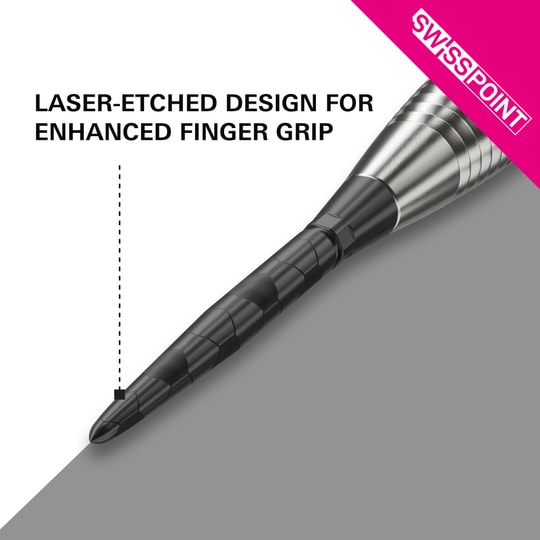 Punte per freccette Target Swiss Storm Onyx Point - Nere Das Bild zeigt die schwarze Target Swiss Storm Onyx Point Dartspitze. Die Spitze verfügt über ein lasergeätztes Design für verbesserten Fingergriр.