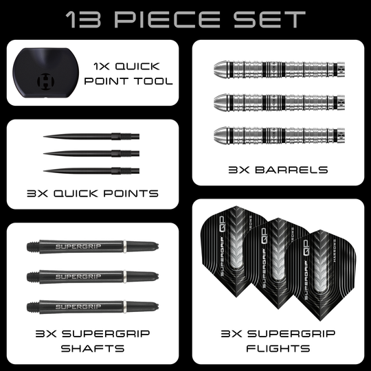 Fléchettes en acier Harrows Supergrip à pointe rapide conique Zu sehen sind die Harrows Supergrip QP Tapered Quick Point Steeldarts. Diese Darts bieten eine hochwertige Verarbeitung für optimale Spieleigenschaften.