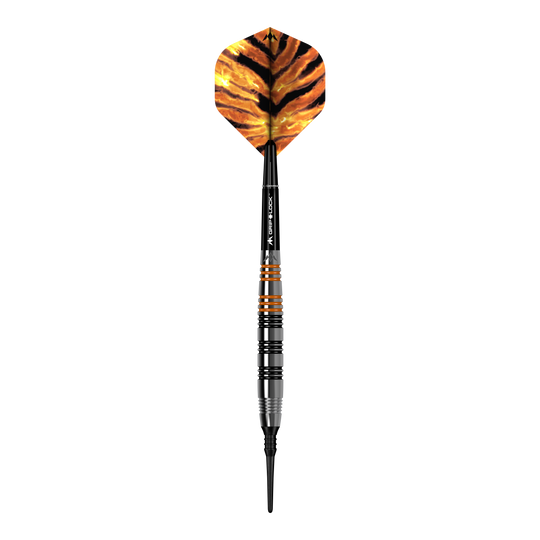 Šipky Mission Javan Brass Soft - 18g Das Bild zeigt einen Softdart namens "Mission Javan Brass Softdarts - 18g". Der Dart hat eine schwarz-orangene Spitze und eine Flügel mit einem Tigerstreifenmuster.