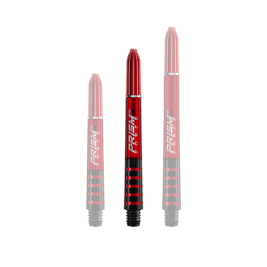 7020-404_Winmau_Prism_Force_Shafts_Rot_41mm_18X1SIMfP5zhBR Auf dem Bild sind drei rote Dartschäfte in unterschiedlichen Längen zu sehen. Alle drei tragen die Aufschrift "PRISM FORCE" und haben schwarze Streifen am unteren Ende.