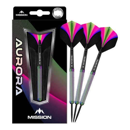 Mission Aurora Coral PVD steel darts - 23g Das Bild zeigt eine Packung mit Mission Aurora Coral PVD Steeldarts in 23g. Die Darts haben ein auffälliges, buntes Design mit schwarzen, grünen, pinken und blauen Akzenten.