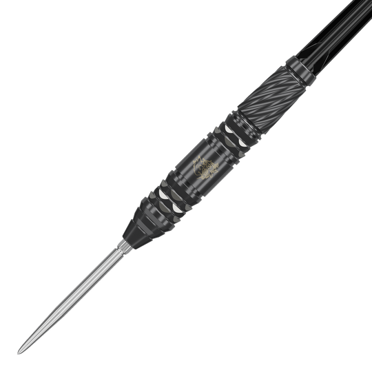 Šipky Target Japan Black Marque Dragon GEN2 Swiss Point Steel Das Bild zeigt einen schwarzen Steeldart der Marke "Target Japan Black Marque Dragon GEN2 Swiss Point". Der Dart hat ein auffälliges, modernes Design mit silbernen und schwarzen Akzenten.