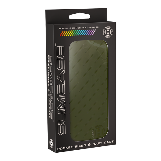 Étui à fléchettes Harrows Slimcase Die Abbildung zeigt eine grüne Slimcase Darttasche in ihrer Verpackung. Auf der Verpackung steht "Pocket-sized 6 Dart Case" und sie ist in mehreren Farben erhältlich.