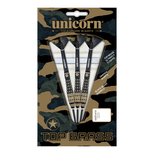 Steeldarts Unicorn Top Brass V4 - 20g Das Bild zeigt die "Unicorn Top Brass V4 Steeldarts - 20g" in ihrer Verpackung. Die Darts haben schwarze und goldene Akzente und sind für präzises Werfen konzipiert.