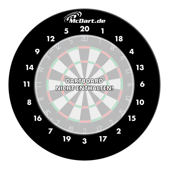 Das Bild zeigt einen schwarzen Dartboard-Surround mit weißen Zahlen und dem Logo "McDart.de" oben. In der Mitte steht der Hinweis "DARTBOARD NICHT ENTHALTEN!".