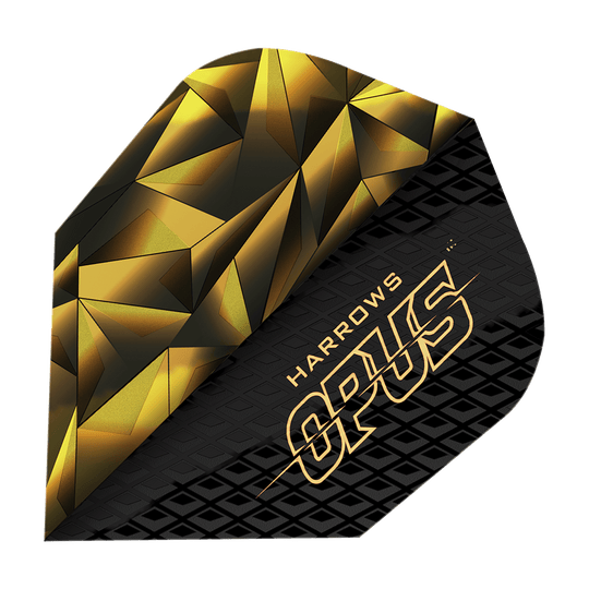 Harrow's Opus verze 1 Lety Dies ist ein Bild des Produkts "Harrows Opus Version 1 Flights". Das Flight-Design ist schwarz-golden mit geometrischen Mustern und dem Schriftzug "HARROWS OPUS".
