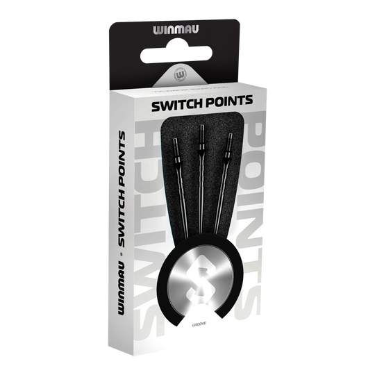 Abgebildet sind Winmau Switch Point Groove Steeldartspitzen in Schwarz. Die Dartspitzen haben Rillen und eine schwarze Farbe.