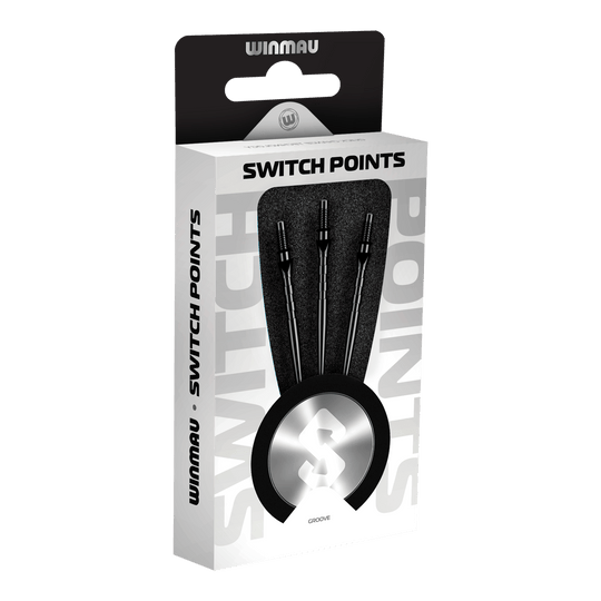 Špičky na šipky Winmau Switch Point Groove Steel - černé Abgebildet sind Winmau Switch Point Groove Steeldartspitzen in Schwarz. Die Dartspitzen haben Rillen und eine schwarze Farbe.