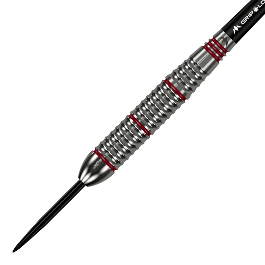 Dardos Mission Rogue de latón y acero - 22 g Das Bild zeigt einen Mission Rogue Brass Steeldart mit einem Gewicht von 22 Gramm. Der Dartpfeil hat ein silbernes, geriffeltes Barrel mit roten Akzenten.