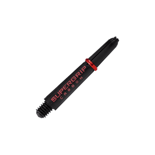Das Bild zeigt einen Harrows Supergrip Carbon Shafts in Rot. Der Schaft ist schwarz mit roter Schrift und einem roten Ring.