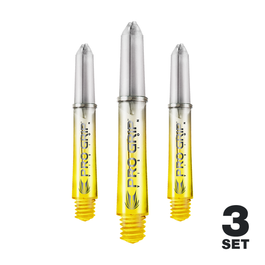 Auf dem Bild sind drei gelbe Pro Grip Vision Shafts für Darts zu sehen. Unten rechts steht, dass es sich um ein 3er-Set handelt.