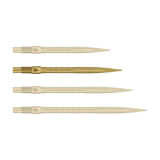 Abgebildet ist eine einzelne goldene Dartspitze mit 30mm Länge und Metallgriff. Es handelt sich um die Harrows Quick Point Heavy Metal Grip Dartspitzen Gold 30mm.