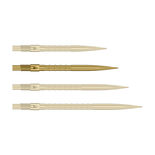 Harrows Quick Point Heavy Metal Dart Tips - Gold Abgebildet ist eine einzelne goldene Dartspitze mit 30mm Länge und Metallgriff. Es handelt sich um die Harrows Quick Point Heavy Metal Grip Dartspitzen Gold 30mm.