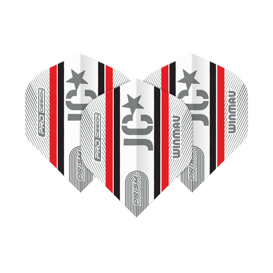Winmau Alpha Joe Cullen Cullen 85 Standardní lety Das Bild zeigt drei Winmau Alpha Joe Cullen 85 Standard Flights für Darts. Sie sind überwiegend weiß mit schwarzen und roten Streifen sowie silbernen Aufdrucken.