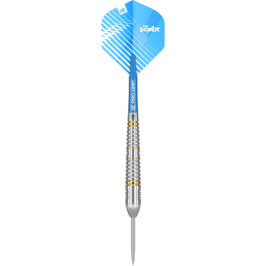170003_Target_Phil_Taylor_Brass_Steeldarts_1z4cSGdv5BGm4X Das Bild zeigt einen Target Phil Taylor Brass Steeldart mit einem Gewicht von 22 Gramm. Der Dartpfeil hat ein blaues Flight mit der Aufschrift "The Power" und einen silbernen, geriffelten Schaft.