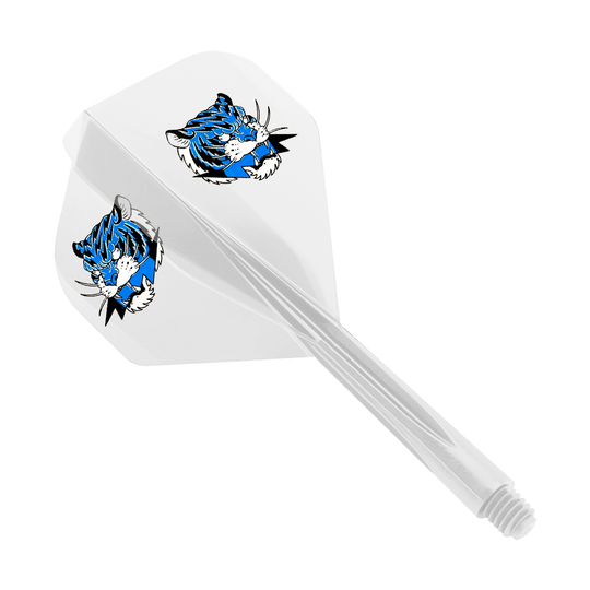 Condor AXE Inazuma Tiger Mix Flight-System Yellow Clear - Small Das Bild zeigt ein Dart-Flight-System in transparentem Gelb mit einem kleinen Format. Auf den Flights ist ein blauer Tigerkopf abgebildet.
