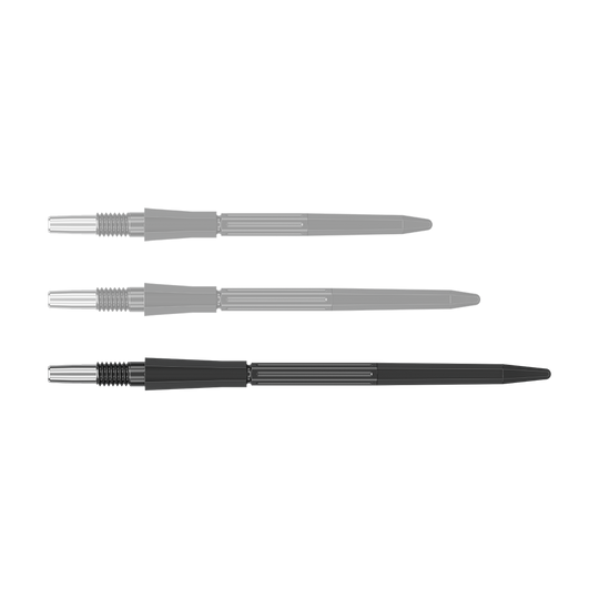 Target Elysian Archetype 43 Swiss Point Steeldartspitzen - Schwarz Eine schwarze Dartspitze mit einer Länge von 42 mm ist abgebildet. Die Spitze hat eine schlanke Form.