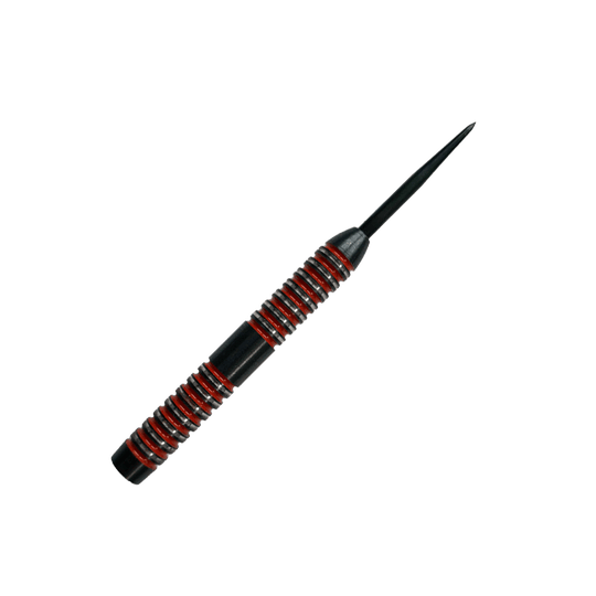 Sudy McDart Crimson Steeldart Das Bild zeigt einen McDart Crimson Steeldart Barrel. Der Barrel ist schwarz mit auffälligen roten Ringen und hat ein gerilltes Design für besseren Halt.