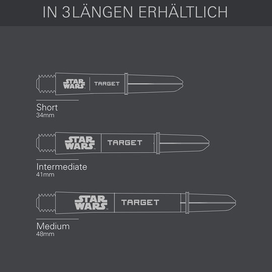 Násadky Target Star Wars ProGrip - černé Zu sehen sind die Target Star Wars ProGrip Shafts in schwarzer Ausführung. Die Schäfte sind speziell für Dartspieler gestaltet.